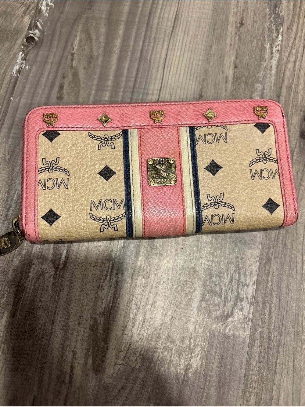 MCM Cream Monogram Zip Wallet with Pink Trim